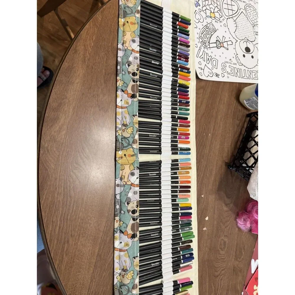 (2) 72 Slots Pencil Wrap Pencil Rolls, Artist Colored Pencils Roll Up Bag Cat